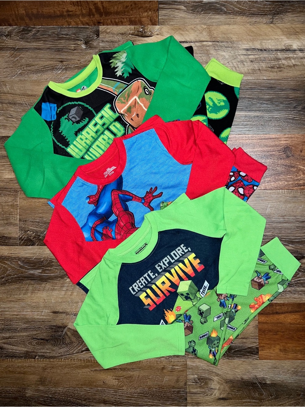 Set of 3 Boys Novelty Pajama Sets - Jurassic World/Spider-Man/Minecraft, Size 8